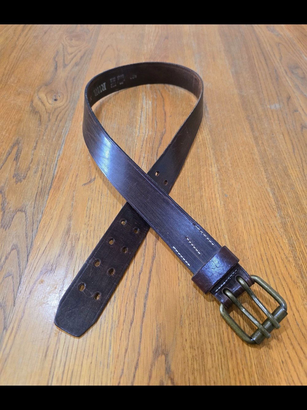 RW&CO Brown Leather Belt with Brass-Tone Buckle and Stiching- Length 36"